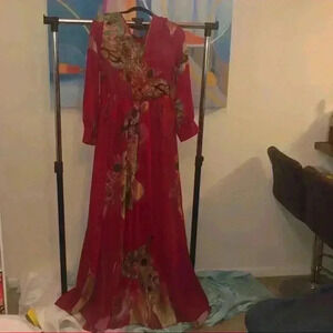 Women’s Ricarica Red Floral Printer Sheer Long Sleeved Wrap Front Maxi Dress, 1X